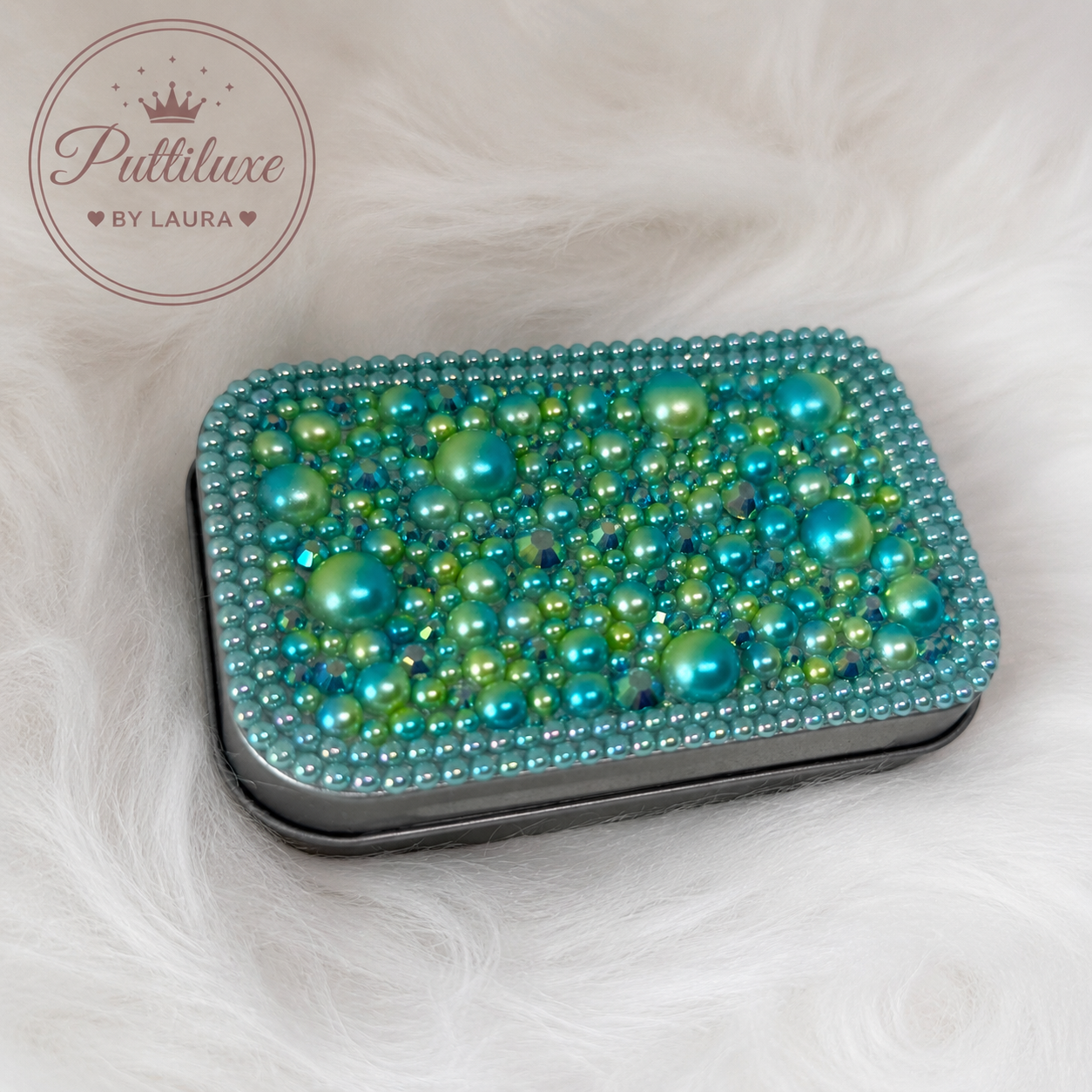PuttiLuxe Seafoam Sparkle | Large Silver Handmade Bedazzled Putty Tin | Diamond Painting Accessory
