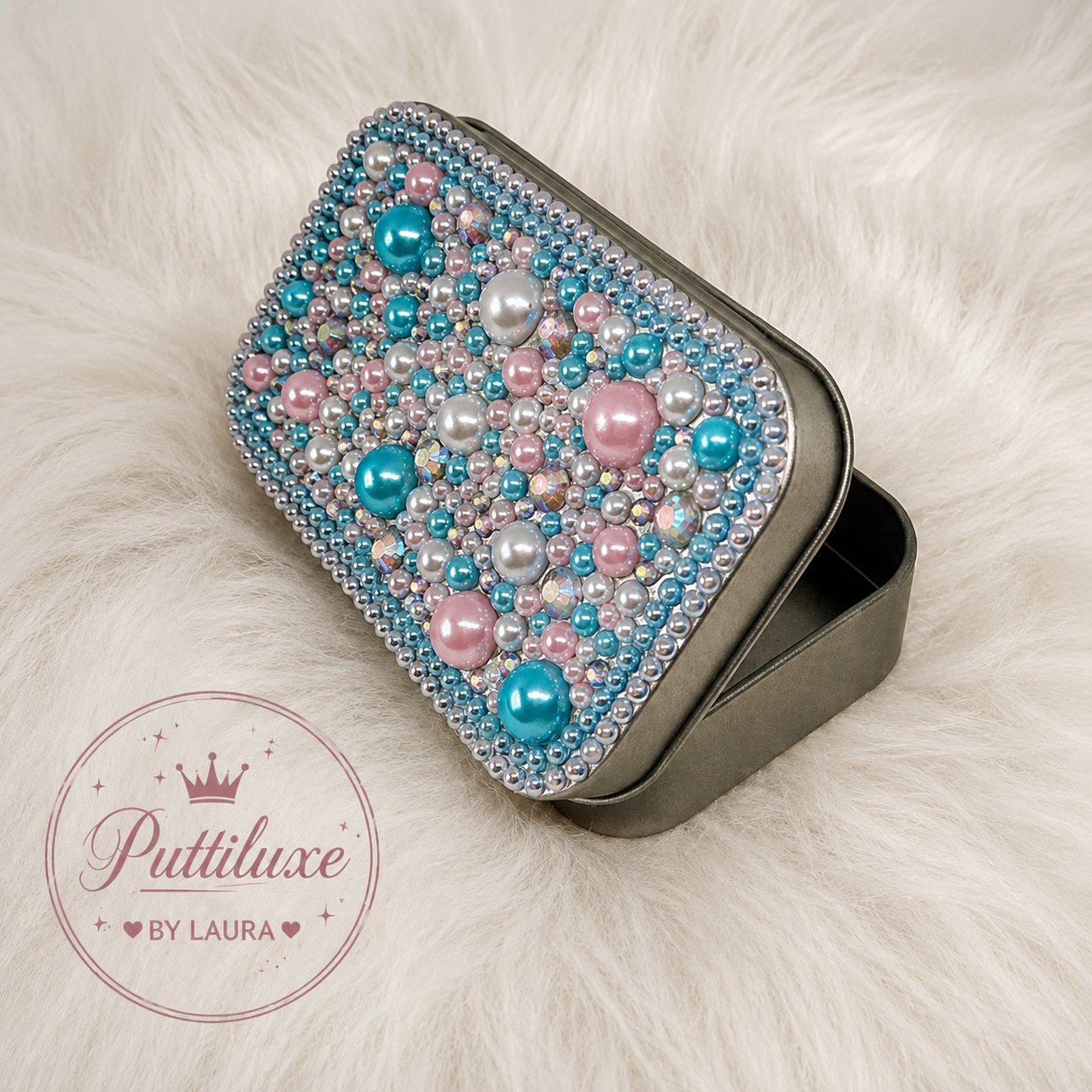 PuttiLuxe Aqua Luxe | Large Silver Handmade Bedazzled Putty Tin | Diamond Painting Accessory