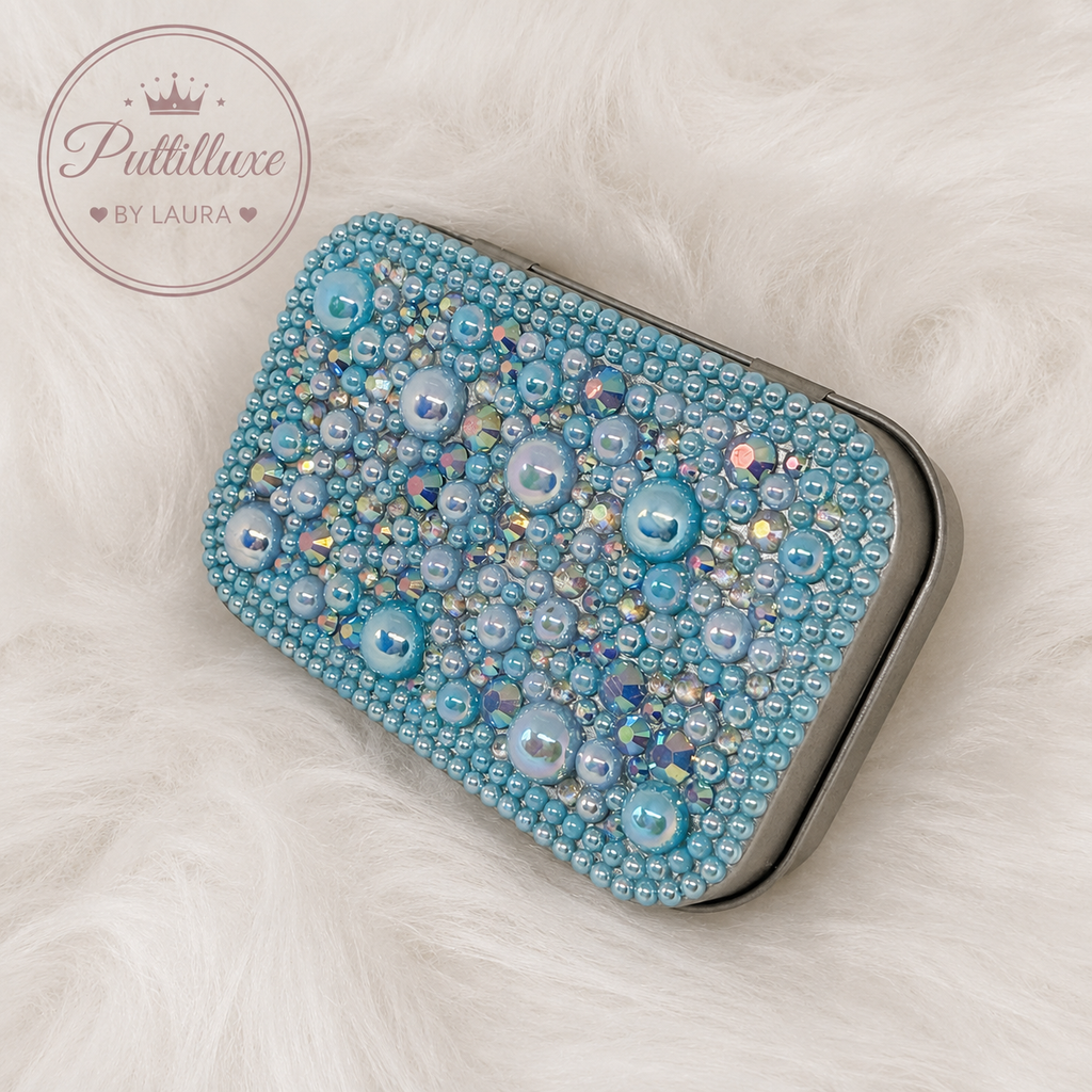 PuttiLuxe Blue Dazzle | Large Silver Handmade Bedazzled Putty Tin | Diamond Painting Accessory