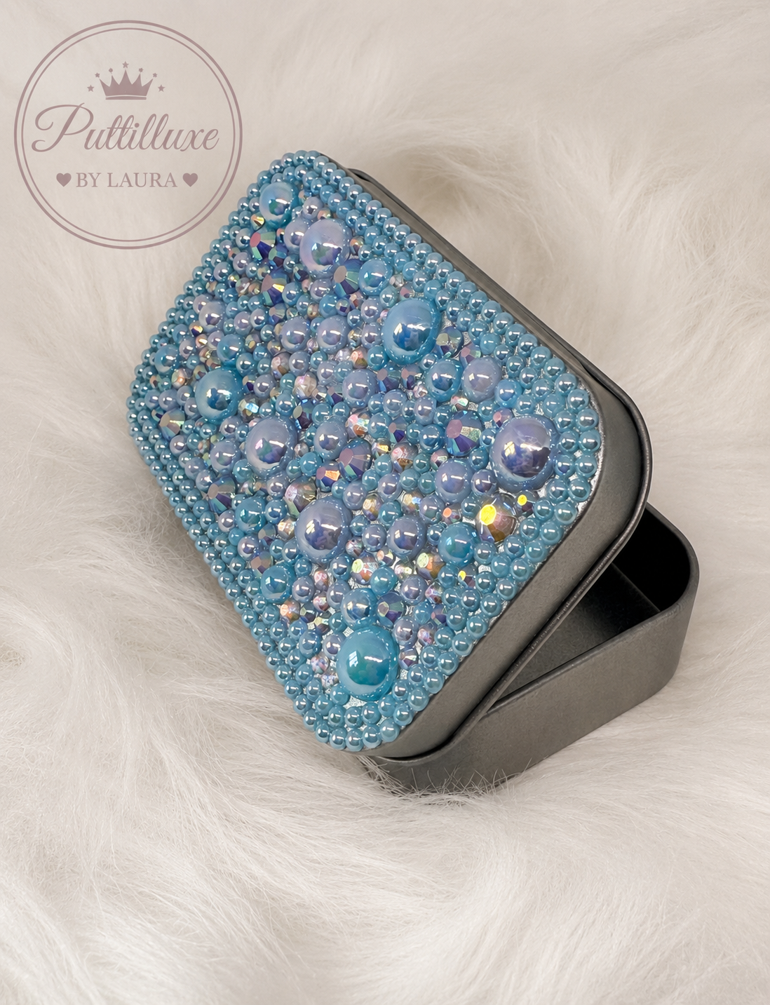 PuttiLuxe Blue Dazzle | Large Silver Handmade Bedazzled Putty Tin | Diamond Painting Accessory