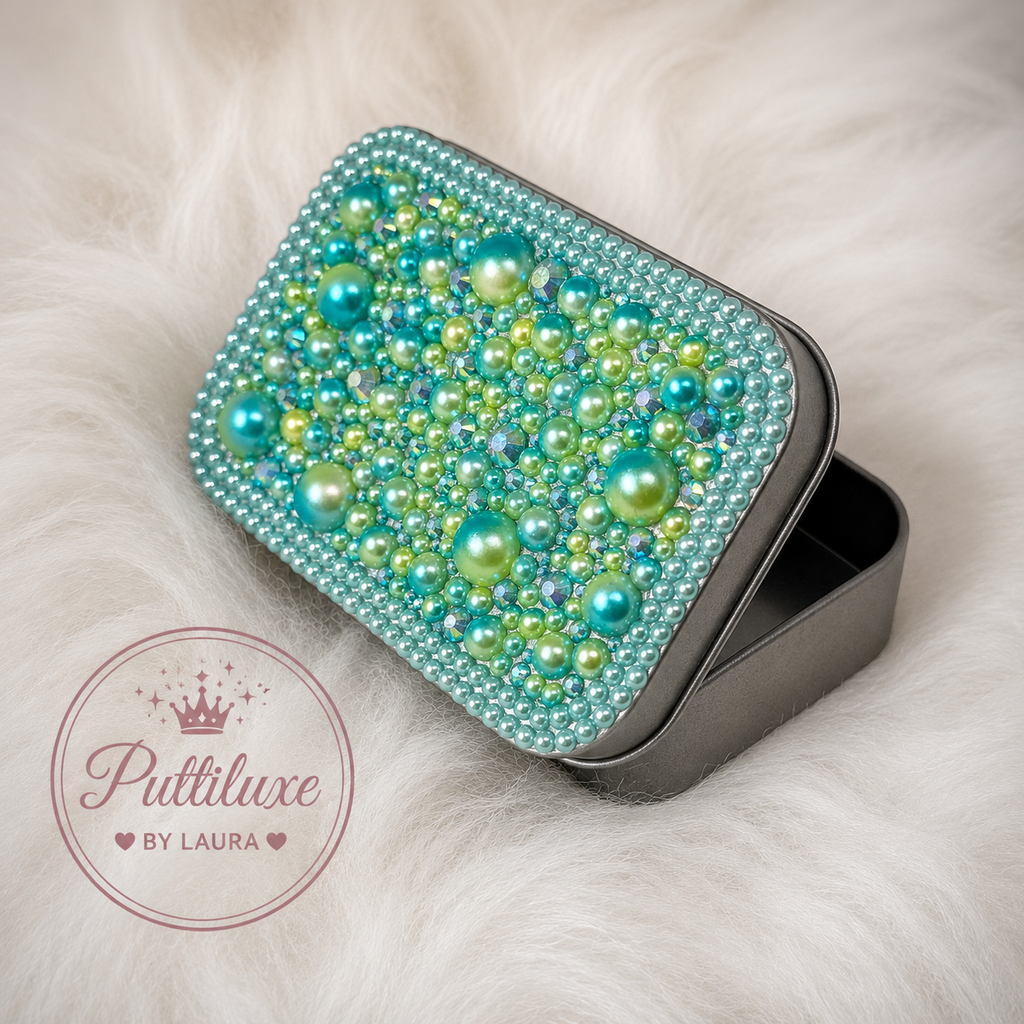 PuttiLuxe Seafoam Sparkle | Large Silver Handmade Bedazzled Putty Tin | Diamond Painting Accessory