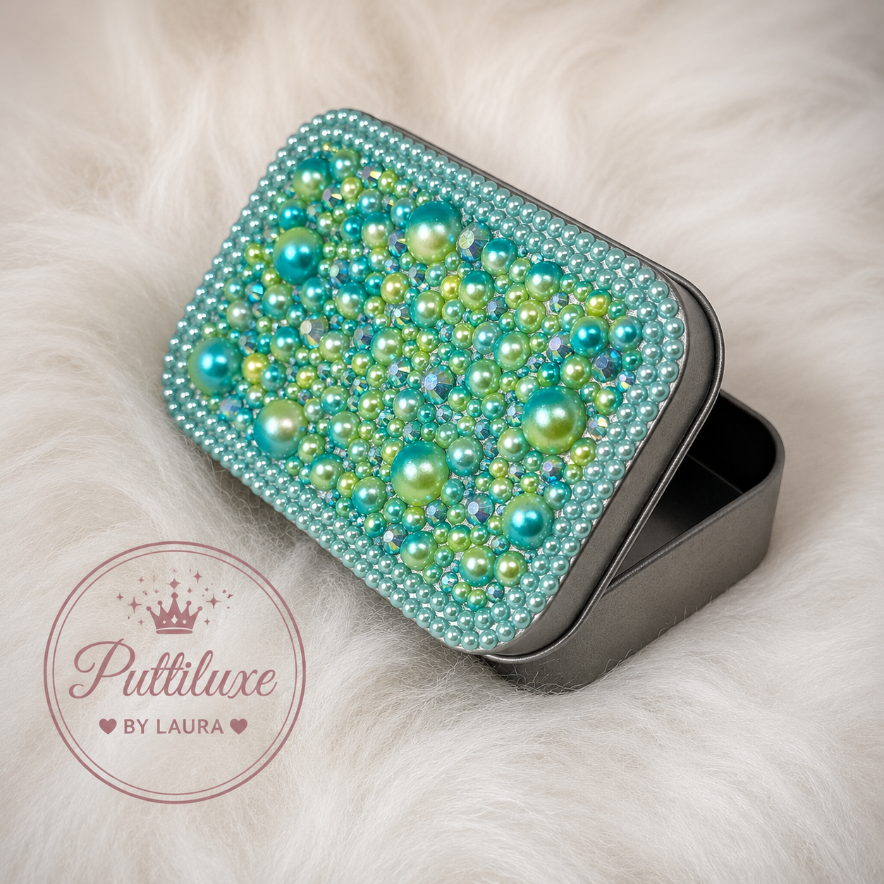 PuttiLuxe Seafoam Sparkle | Large Silver Handmade Bedazzled Putty Tin | Diamond Painting Accessory
