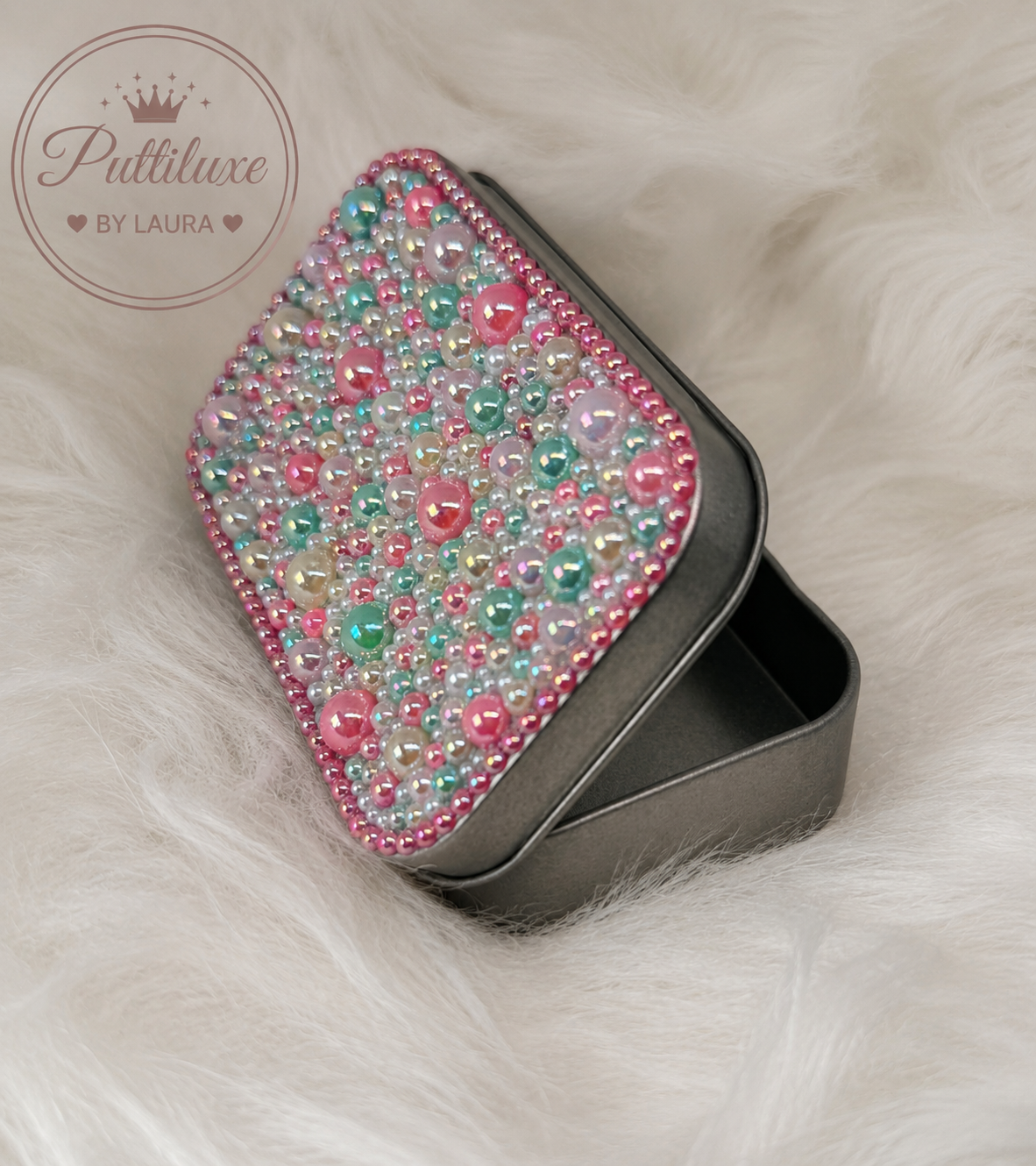 PuttiLuxe Candy Clouds | Large Silver Handmade Bedazzled Putty Tin | Diamond Painting Accessory