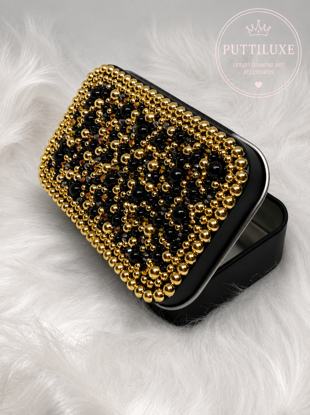 Puttiluxe Black| Midnight Majesty |Bedazzled Putty Tin | Luxury Diamond Art Storage