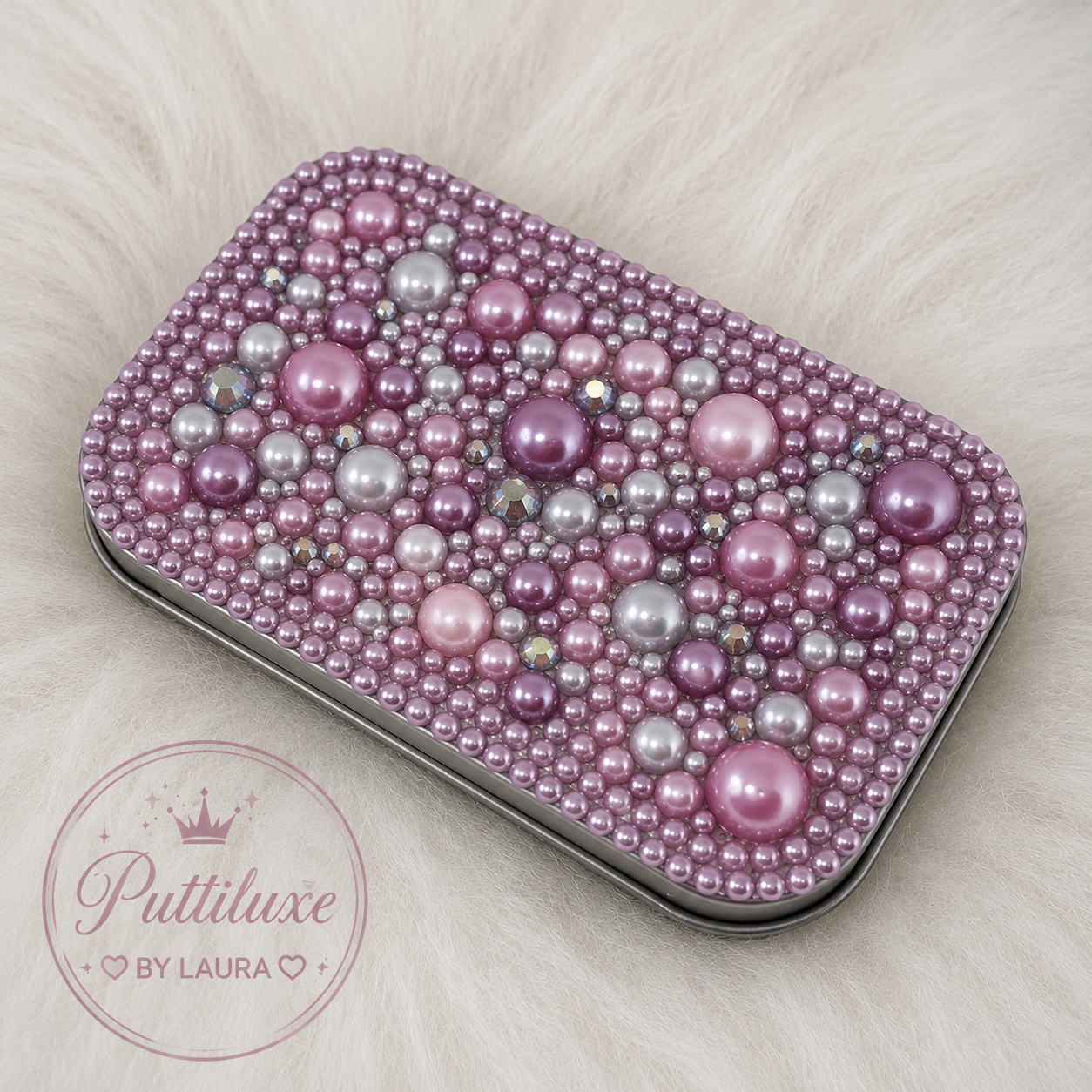 PuttiLuxe Blush Blossom | Large Silver Handmade Bedazzled Putty Tin | Diamond Painting Accessory