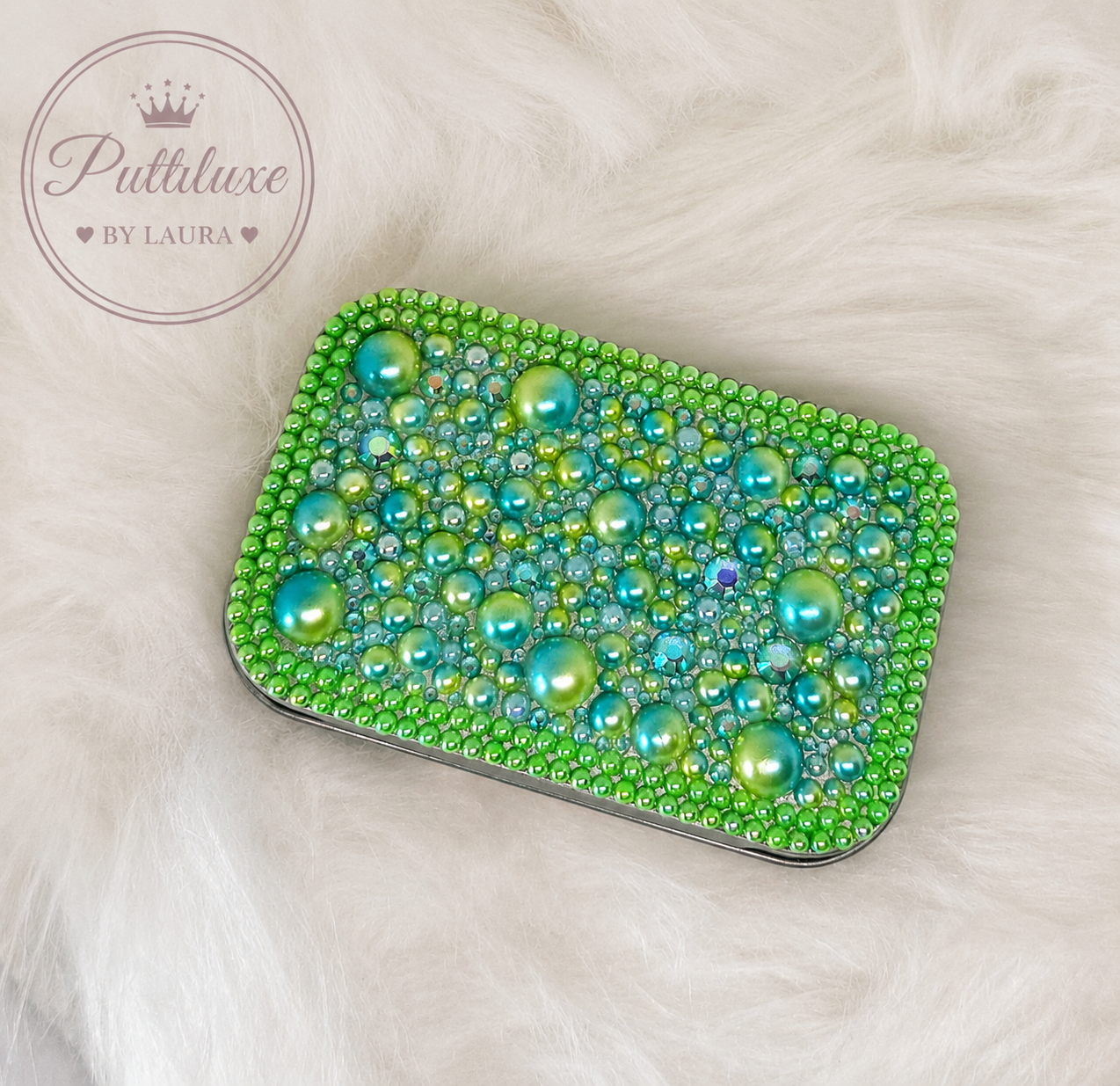 PuttiLuxe Lagoon Lime| Large Silver Handmade Bedazzled Putty Tin | Diamond Painting Accessory